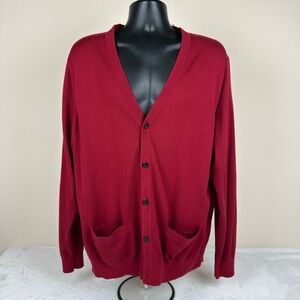 Lands End Mens XL Red Supima Cotton V-Neck Button Front Cardigan Sweater New
